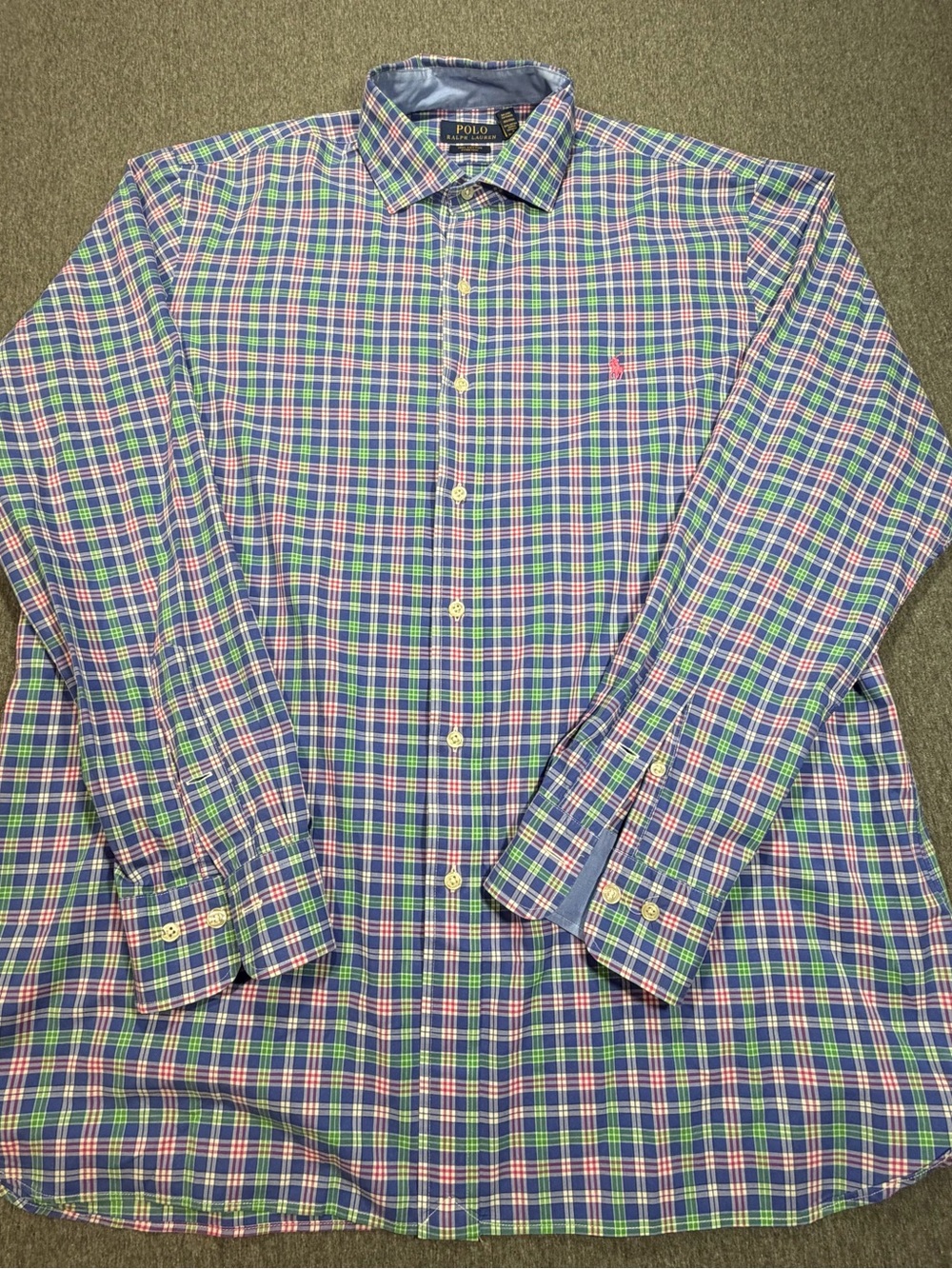 Polo Ralph Lauren Shirt Mens L Blue Pink Green Plaid 100% Cotton Stretch Pony